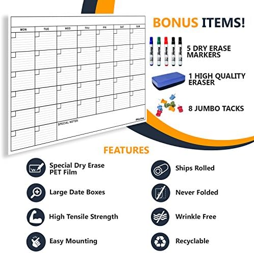 OfficeThink Laminated Jumbo Organizing Calendar, Huge 61-cm by 91-cm Size, Extra Large Date Boxes, Easy Erase, Never Folded, Bonus 8 Jumbo Tacks, 4 Markers, 1 Eraser Included