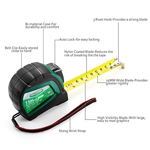 Maßband Bandmaß Tunuti 7.5m Massbänder Bandmass Massband Stahl Metrisch Imperial Rollbandmaß Automatische aus Werkzeug DIY mit Nylon bedeckt Armband und Clip Gummi cm/inch/ft/mm 25 ft x 25 mm - 2