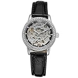 Gute Damen Schwarz Weiß Diamond Crystal Skelett Steampunk Handaufzugwerk Mechanisch Armbanduhr Schwarz Lederband