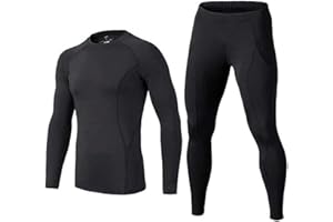 BUYKUD Men's Long Sleeve Base Layer Compression Athletic Underwear Shirt Tights Top & Bottom Set