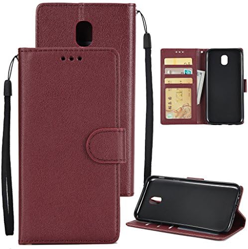 Samsung Galaxy J330/J3 2017 Wallet Leather Case Cover -MOONESS(TM) Embossing Fashion Floral Countryside PU Leather Magnetic Flip Cover Card Holders &amp; Hand Strap Case(Winered)