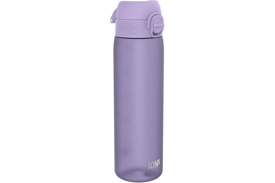 Ion8 Water Bottle, 500 ml/18 oz, Leak Proof, Easy to Open, Secure Lock, Dishwasher Safe, BPA Free, Hygienic Flip Cover, Carry Handle, Fits Cup Holders, Easy Clean, Carbon Neutral, Purple