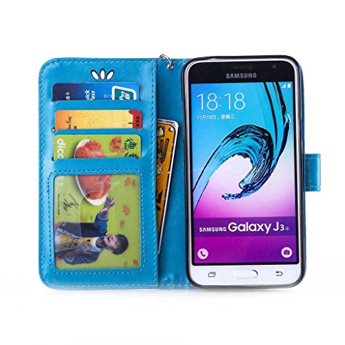 Galaxy J3 2016 Hülle Ledertasche [mit Frei Hartglas Displayschutzfolie], KKEIKO® Schutzhülle PU Leder Tasche Hülle Case für Samsung Galaxy J3 2016, Wickelfalz Handyhülle mit Bändselloch Standfunktion Karteneinschub und Magnetverschluss, Kratzfeste Lederhülle Flip Wallet (Blau #7) - 4
