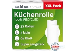 ‎SATINO Küchenrolle 3-lagig – 32 Rollen – 64 Blatt pro Rolle - Ø: 10,5 cm/Höhe: 26 cm - saugstark, reißfest & besonders weich dank Zellstoff – Made in Germany - Küchentücher Vorrat – Reserve - Satino