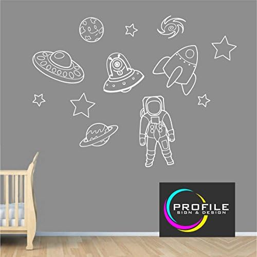 SPACE THEMED WALL ART STICKERS INCLUDING ASTRONAUT, PLANETS, ALIEN AND STARS, SIZE APPROX 909 X 438 mm (WHEN ALIGNED TOGETHER) MADE BY PROFILE SIGN