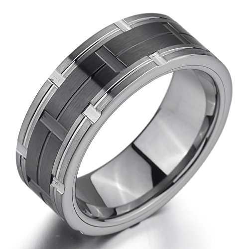 MunkiMix Wolframcarbid Wolfram Ring Band Silber Ton Schwarz Streifen Gestreift Hochzeit Gebürstet Herren