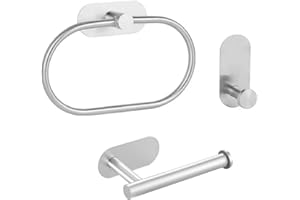 KGJAXF 1Pcs Stick on Toilet Roll Holder, 1Pcs Self Adhesive Hooks and 1Pcs Self Adhesive Towel Ring, Towel Holders for Bathrooms, Stainless Steel Hand Towel Holder, for Use in Bathrooms, Kitchens, Cupboards