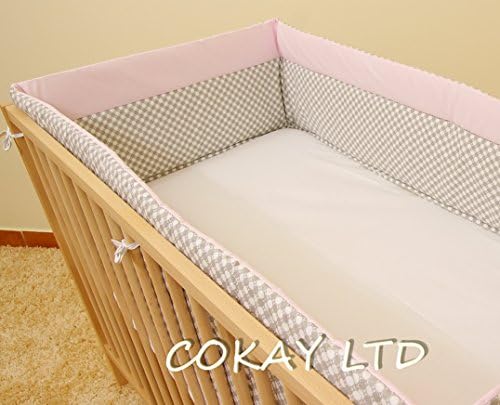 NURSERY BUMPER 420cm LONG ALL ROUND BUMPER TO FIT BABY COT BED (Pink/Grey)
