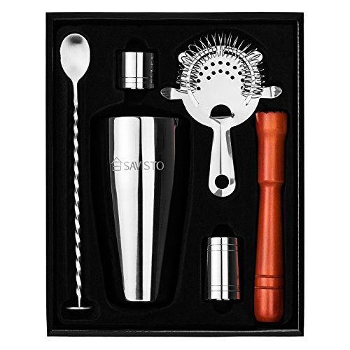 Savisto Premium Cocktail Set mit Boston Cocktail Schüttelbecher, Glas, Rezeptbuch mit 500 Rezepten, 25ml & 50ml Messbecher, gedrehtem Barlöffel, Sieb, Holzstössel, & Elegante Geschenkbox - 2