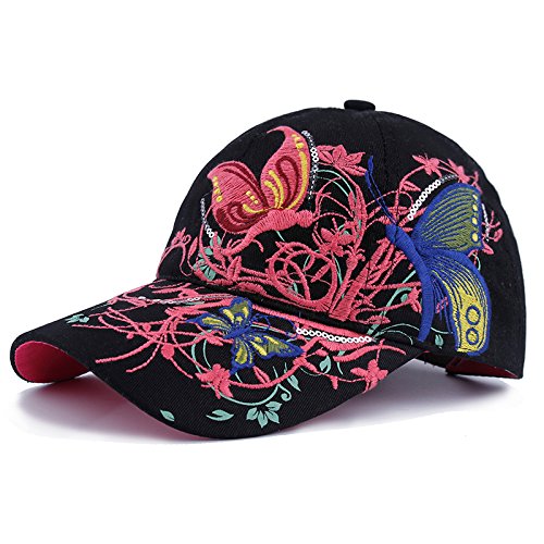 Qchomee Sombrero de béisbol con diseño de mariposa y mariposa para mujer, ideal para viajes, deportes, playa, protección solar, fiesta, etc, negro, Womens Head Size 58CM
