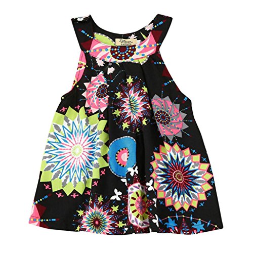Oyedens Sweet Robe Fille Mode Fleur du Soleil Bohême Plage Robe Bebe Fille Ete Printemps Casual Chic Robe de Filles Enfants Robe de Princesse sans Manches Vetement Bebe Fille (Noir, 4-5 Ans)