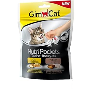 GimCat Nutri Pockets – Snack crujiente para gatos: provisto de relleno cremoso e ingredientes funcionales – Sin azúcar añadido – Mezcla Beauty de taurina  – 1 bolsa (1 x 150 g)