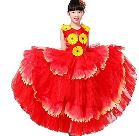 Byjia Girl Flamenco Dance Dresses Spiritual Flowers Children'S Sleeveless Princess Opening 180 360 540 720 Degrees Performance Chorus Red Skirt 720 150Cm