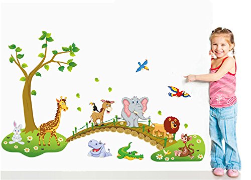 HALLOBO® XXL Wandsticker Wandtattoo Kinderzimmer Wald Tierbrücke Tier Brücke Baum Elefant Giraffe Eulen Ameise Wandaufkleber Wall Sticker Kinder Kind Junge Mädchen Baby Babyzimmer - 2