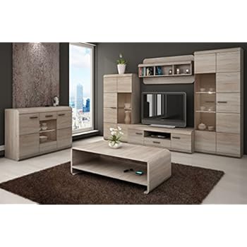 Wohnwand Wohnzimmer Set WOOD Sideboard Lowboard Vitrine Hängeregal (Set