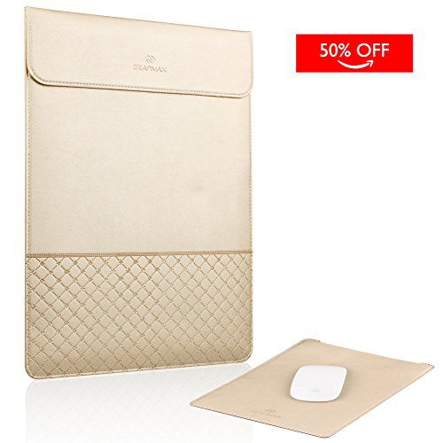 WIWU Ultra-dünne Umschlag Stil PU Leder Schutzhülle Laptop Handtasche für Macbook 15,4 / Pro Retina 15 Zoll Laptops / Notizbuch Slim Schutz Hülle Tasche mit Maus Pad (Golden, 15 Zoll)