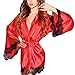 Price comparison product image Anglewolf Kimono Women Silk Dressing Babydoll Lace Sexy Lingerie Bathrobe Nightwear Deep V-Neck Gown Silky Satin Chemise Nighties Elegant Solid Color Sleep Dress Plus Size Bra (Red,S)