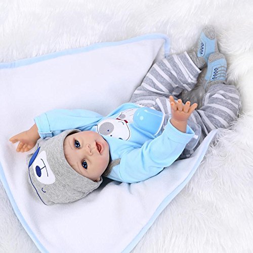 Nicery Reborn Baby Doll Soft Simulation Silicone Vinyl 22inch 55cm Magnetic Mouth Lifelike Boy Girl Toy Blue Dog