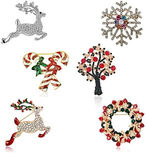Christmas Brooch Pin Set Women - Pack of 6pcs Cute Crystal Diamond Enamel Christmas Jewelry Gift Including Red Crystal Reindeer White Reindeer Candy Cane Christmas Tree Wreath Snowflake Pins Set (Red)