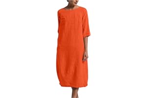 ZEIAYUAS Cotton Linen Dresses Women UK Sale Clearance 3/4 Sleeve Loose Fit Midi Dress Summer Beach Holiday Plain Sundress Indian Vintage Solid Dress Ladies Elegant Baggy Tunic Dresses Plus Size 22