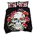 Produktbild Bettwäsche Set Schwarz 3D Skull Funky Gothic Schädel Rote Blume Musterdesign Bettbezug & Kissenbezug Einzelbett Size 135x200cm