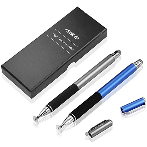 MEKO 2 Stück 2-in-1 Präziser Eingabestift Touchstift Disc-Stylus Touch Pen mit 4x Disc Tipps, 2x Fiber Tipps für Apple iPad iPhone Tablet Samsung Galaxy und alle Touchscreen-Geräte (Spacegrau/Blau) - 3