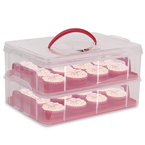 amzdeal 3 Etagen Kuchentransportbehälter 36 Cupcakes Behälter Tragbarer Transportbox für Kuchen, Cookies, Torten, Muffines Rot - 6