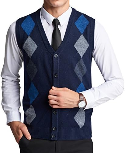 WEILAI Men's Fashion Argyle Design Solid Button-Front Cardigan Sweater Vest (S, Dark Blue)