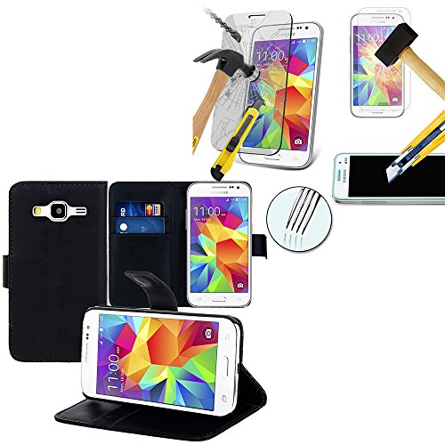 VCOMP Funda cartera Cuero PU Tipo libro solapa soporte video color negro para Samsung Galaxy Core Prime SM-G360F  4G SM-G361F   1 Cine protector de pantalla Vidrio Templado