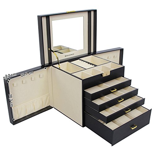 Songmics XXL Schmuckkästchen Uhrenbox 5 Schichten mit 4 Schubladen abschließbar mit spiegel schwarz JBC217 - 5