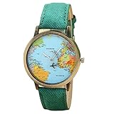 Lucky mall Damen Armbanduhr, Globe Travel Kartenuhr Denim-Uhr Damen Denim Stoff Uhr