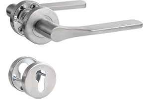 SORWDUERM Poignée de porte noire en acier inoxydable mat brossé - Poignée de porte pour porte d'entrée et porte intérieure - En forme de L - Rosace ronde - Cylindre profilé