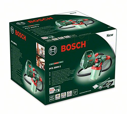 Bosch DIY Farbsprühsystem PFS 3000-2, Farbbehälter 1000 ml, Düse für Lacke und Lasuren (grau)/ Wandfarbe (weiß), Schultergurt, Farbfilter, Reinigungsbürste, Karton (650 W, 300 ml/min, 2m²/min) - 3