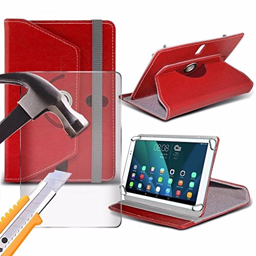 Spyrox - Archos 101c Copper ( 10.1 Inch ) Tablet-Koffer PREMIUM PU 360 Rotierende Leder-Brieftasche Folio Faux 4 Springs Stand mit gehärtetes Glas LCD-Display Schutzfolie-Red