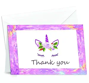 KodyCreations Unicorn Thank You Cards - 4x7 Inches of 50 Purple and Pink Design Blank Card Notes with Envelopes Perfect for Kids Birthday Parties, Write Happy Gift-Notes Baby, Graduation, Weddings