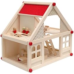 Casa de Muñecas en Madera para niños y niñas | 2 plantas 4 habitaciónes 11 muebles 4 personajes | Casita en miniatura fácil de montar