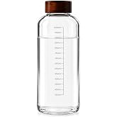 1000 ML Akasya Kapaklı Cam Matara &Ouml;l&ccedil;ekli Su Şişesi Sızdırmaz Kapaklı Şeffaf Cam Suluk