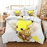 Wnmbmg Pokemon: Pikachu Ménage Polyester Microfibre Douce 3 pièces Taies, Anime Cartoon Characters 3D Imprimer avec Zipper 1 Housse de Couette 2 Taie Easy Clean (Taille : EU Twin Single(135x200))