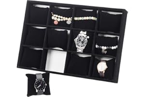 PH PandaHall 12 Slots Watch Tray, Velvet Watch Show Tray Watch Display Case Watch Storage Box with Pillows Watch Show Box Jewellery Trays Stackable Watch Box for Men Father's Day Shop Display, Black