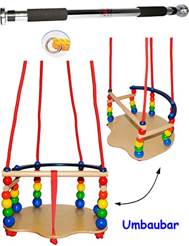2 tlg. Set _ DELUXE - Schaukel aus Holz + Türreck - Gitterschaukel - mit Gurt / Kinderschaukel - leichter Einstieg ! - mitwachsend & verstellbar - Babyschaukel - verstellbare Kleinkindschaukel - Holzschaukel Baby Kinder - Holzgitterschaukel für Innen und Außen - Indoor Outdoor - mit Sicherheitsstäben / bunte Stäbe - Holzbabyschaukel - Garten oder im Haus - Reck für Türrahmen Befestigung - Stange - Türstange