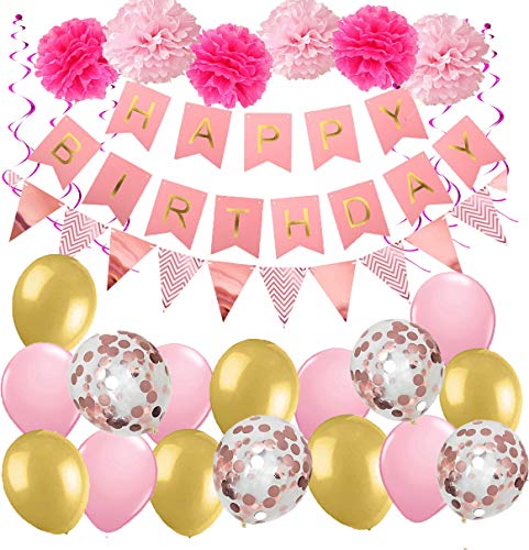 MAKFORT Geburtstag Deko Mädchen Happy Birthday Girlande Spiralen Deko Pompoms und Luftballons Gold Rosa Konfetti Ballons Rosegold Geburtstag Partydeko Rosa für Mädchen und Frauen 30 Stück