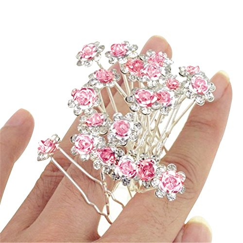 Contever® Elegant 1 Set of 20pcs Wedding Bridal Party Artifical Diamante Rhinestone and Prom Flower Hair Pins Clips Grips Pins Hairpins Bridesmaid Clips - Pink