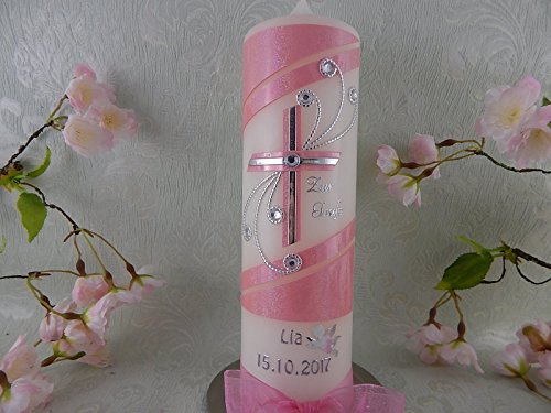 Taufkerze Kreuz silber rosa glitzer handmade modern Taufkerzen für Mädchen 250/70 mm personalisiert - 2