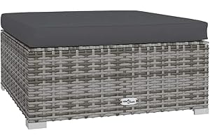 vidaXL Repose-Pied de Jardin et Coussin Tabouret de Terrasse Pouf de Patio Coussin Rembourré Meuble d'Arrière-Cour Gris 70x70x30cm Résine Tressée