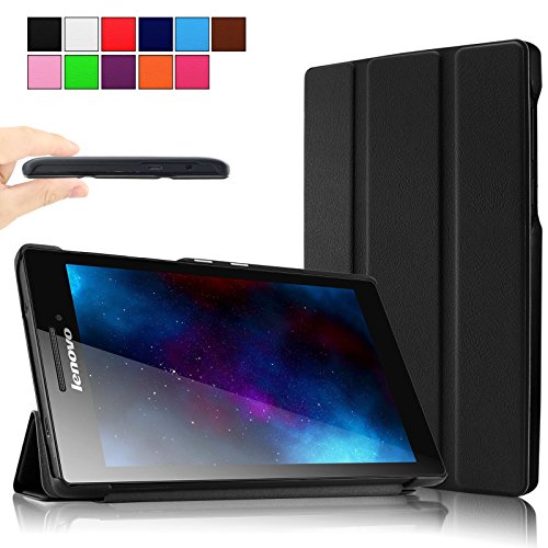 Infiland Lenovo Tab 2 A7-10/20 Hülle Case-Ultra Dünn Tri-Fold Muschel PU Leder Ultra Schlank Superleicht Ständer Shell Cover Schutzhülle Etui Tasche für Lenovo Tab 2 A7-10/20 17,8 cm (7 Zoll IPS)Tablet(Schwarz)