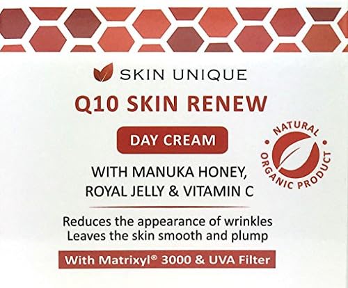 Q10 Skin Renew Day Cream 50 ml โ Natural & Organic anti-ageing facial moisturiser and wrinkle filler with UVA Filter, Manuka Honey, Royal Jelly, Co-Enzyme Q10 and Matrixyl 3000