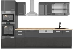 Vicco Mueble de Cocina R-Line, Antracita Brillo Intenso/Antracita, 300 cm con Armario Alto, sin encimera