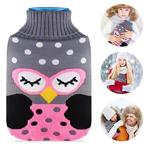 Borsa Dell'acqua Calda, AODOOR Borsa per l'acqua Calda con Giacca a Maglia, Gomma Premium Naturale Bottiglia di Acqua Calda Per Crampi E Sollievo Dal Dolore, 2 litri (Gufo)