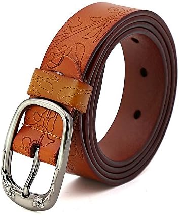 Classic Women Genuine Leather Belt Vintage Plum Buckle Needle Carving Orange BP007-Z