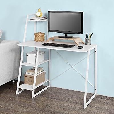 SoBuy® Bureau informatique, Secrétaire Table plan de travail avec 3 étagères cadre métal -Blanc, FWT29-W